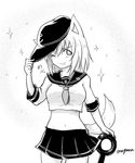  ;3 animal_ears breasts cosplay cowboy_shot greyscale hat hibiki_(kantai_collection) hibiki_(kantai_collection)_(cosplay) holding inubashiri_momiji kantai_collection looking_at_viewer medium_breasts midriff monochrome navel one_eye_closed pleated_skirt short_hair signature simple_background skirt solo sparkle standing tail taurine_8000mg touhou twitter_username white_background wolf_ears wolf_tail 