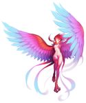  ahoge breasts cleavage closed_mouth feathered_wings feathers flying full_body hair_slicked_back harpy long_hair looking_at_viewer medium_breasts monster_girl multicolored multicolored_wings navel nude original red_hair silver_eyes simple_background solo stomach white_background winged_arms wings winterseoya 