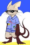  2_tails big_ears brown_fur brown_tail claws clothing eyewear fur hawaiian_shirt josyu_(character) long_tail mammal misoden_(artist) multi_tail multicolored_fur shirt sunglasses tapering_ears toe_claws whiskers white_fur 