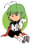  antennae black_pants cape cup full_body green_background green_eyes green_hair kneehighs long_sleeves mug onikobe_rin pants shirt shoes short_hair simple_background sitting solo steam suspenders touhou white_background white_shirt wriggle_nightbug 