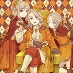  2boys :o argyle argyle_background ascot axis_powers_hetalia blonde_hair blush brown_eyes brown_gloves brown_hair buckle cape crossed_legs dress france_(hetalia) frills genderswap genderswap_(mtf) gloves hair_between_eyes hair_ornament hairpin hand_gesture hand_up highres long_sleeves looking_at_viewer multiple_boys multiple_persona open_mouth red_dress saku_anna sitting throne waving 