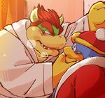  2016 avian bath_robe bird blush bowser clothing duo garousuki hair hat horn king_dedede kirby_(series) koopa male male/male mario_bros nintendo penguin red_eyes red_hair robe scalie slightly_chubby steam sweat video_games 