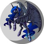  2015 armor begasuslu black_fur blue_eyes blue_hair equine female feral friendship_is_magic fur hair helmet horn jewelry mammal membranous_wings my_little_pony necklace nightmare_moon_(mlp) princess_luna_(mlp) simple_background slit_pupils smile solo spread_wings white_background winged_unicorn wings 