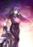  ainy77 bad_id bad_twitter_id biker_clothes bikesuit breasts cleavage dusk gradient_hair ground_vehicle highres hijiri_byakuren long_hair medium_breasts motor_vehicle motorcycle multicolored_hair purple_eyes purple_hair scarf sky solo standing star touhou turbo_byakuren zipper 