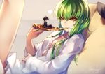  1girl black_hair c.c. cheese-kun cheese_trail code_geass eating food green_hair holding_pizza kyouya_(mukuro238) lelouch_lamperouge long_hair lying naked_shirt on_back pizza school_uniform shirt smile yellow_eyes 