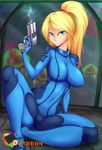  1girl blonde_hair blue_eyes female metroid rainbowscreen samus_aran solo 