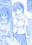  ai-chan_(tawawa) alternate_hairstyle arm_support arms_behind_back blue blush braid breasts collarbone commentary eyebrows eyebrows_visible_through_hair frown getsuyoubi_no_tawawa glasses hair_tie head_tilt himura_kiseki holding large_breasts looking_at_viewer low_twintails monochrome on_bed out_of_frame photo_(object) plaid plaid_skirt pleated_skirt pov pov_hands school_uniform semi-rimless_eyewear serafuku short_hair short_twintails side_braid sitting skirt solo_focus translated twintails under-rim_eyewear 