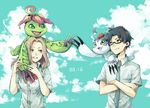  blue_eyes brown_eyes brown_hair commentary_request digimon digimon_adventure digimon_adventure_tri. glasses gomamon green_eyes highres kido_jou long_hair necktie palmon school_uniform short_hair tachikawa_mimi takase_(takase1214) tsukishima_general_high_school_uniform 