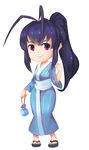  3four alternate_costume antenna_hair bad_id bad_tumblr_id bag blazblue blazblue_remix_heart blue_hair chibi clenched_hand dress genderswap genderswap_(mtf) handbag japanese_clothes kimono long_hair mai_natsume ponytail purple_eyes sandals smile solo very_long_hair wide_sleeves yukata 