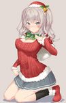  bell black_legwear blush boots bow breasts capelet cleavage fur_trim hair_bell hair_ornament hat highres jonsun kantai_collection kashima_(kantai_collection) large_breasts long_sleeves looking_at_viewer pleated_skirt santa_hat silver_hair simple_background skirt solo sweater twintails wavy_hair 
