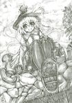  :d backpack bag bakeneko bird blush cat dress eyeball feet foreshortening frilled_dress frilled_skirt frills graphite_(medium) grass hat hat_ribbon heart heart_of_string highres kaenbyou_rin kaenbyou_rin_(cat) kantarou_(nurumayutei) komeiji_koishi long_sleeves looking_at_viewer monochrome open_mouth pantyhose picnic_basket reiuji_utsuho reiuji_utsuho_(bird) ribbon short_hair sitting skirt smile thermos third_eye touhou traditional_media wide_sleeves 