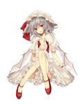  bat_wings blue_hair bow hat hat_bow head_tilt hiharo mary_janes mob_cap open_collar red_eyes remilia_scarlet shoes sitting solo touhou unbuttoned wings wrist_cuffs 