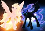 2015 abstract_background absurd_res airbusthebest angry blonde_hair blue_eyes blue_feathers blue_fur blue_hair cutie_mark duo equine feathered_wings feathers female feral fire friendship_is_magic fur hair hi_res horn looking_at_viewer mammal my_little_pony princess_celestia_(mlp) princess_luna_(mlp) purple_eyes silfoe spread_wings white_feathers white_fur winged_unicorn wings 