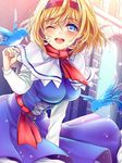  alice_margatroid bird bird_on_hand blonde_hair blue_dress blue_eyes blush capelet commentary_request cropped dress hairband highres one_eye_closed open_mouth red_ribbon ribbon rimu_(kingyo_origin) skirt_hold smile solo source_request touhou wind 