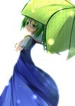  ascot bespectacled blue_dress daiyousei dress fairy_wings from_behind glasses green_eyes green_hair looking_at_viewer looking_back ochakan side_ponytail solo touhou umbrella unmoving_pattern white_background wings 