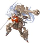  1girl armor breasts cannon cleavage full_body gloves hair_ornament huge_breasts long_hair mecha_musume official_art panzer_waltz red_eyes silver_hair skirt solo sword tachi-e thighhighs tog_ii tog_ii_(panzer_waltz) transparent_background turret union_jack weapon 