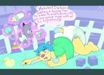  block blue_hair bottle canine clothing cuddlehooves cuddlehooves_(character) dialogue diaper dog fur hair hypnosis male mammal mind_control pacifier plushie rattle regression rubber_duck shirt toy yellow_fur 