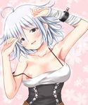  ahoge blue_eyes blush breasts collarbone duel_angel duel_monster heart heart-shaped_pupils highres looking_at_viewer lyna medium_breasts nipples open_mouth short_hair smile solo symbol-shaped_pupils white_hair yuu-gi-ou yuu-gi-ou_duel_monsters 