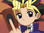  anime_coloring artist_request bangs blonde_hair card cardcaptor_sakura holding holding_card looking_at_viewer male_focus multicolored_hair mutou_yuugi parody parted_bangs purple_eyes school_uniform solo source_request spiked_hair style_parody two-tone_hair upper_body yuu-gi-ou yuu-gi-ou_duel_monsters 