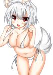  animal_ears bare_shoulders bikini blush breasts cleavage collarbone fang heart heart-shaped_pupils highres inubashiri_momiji large_breasts looking_at_viewer micro_bikini mutou_(94753939) navel open_mouth red_eyes silver_hair simple_background solo swimsuit symbol-shaped_pupils tail touhou white_background wolf_ears wolf_tail 