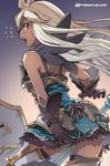  back black_legwear blush dark_skin flying_sweatdrops granblue_fantasy long_hair open_mouth red_eyes shield solo super_zombie sword thighhighs twitter_username weapon white_hair zooey_(granblue_fantasy) 