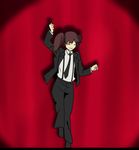  alternate_costume animated animated_gif brown_hair closed_eyes dancing formal grin ido_(teketeke) kantai_collection kekkai_sensen lowres necktie pointing pointing_up pose ryuujou_(kantai_collection) smile solo stage_curtains sugar_song_and_bitter_step suit suspenders 