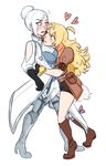  arms_around_waist blonde_hair blue_eyes blush dashingicecream gloves heart hug multiple_girls rwby smile white_hair winter_schnee yang_xiao_long yuri 