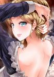  amasora_taichi back blonde_hair blue_eyes commentary_request earrings freckles highres jewelry long_sleeves looking_at_viewer looking_back maid nape original smile solo upper_body 