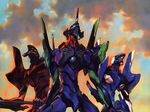  cloud cloudy_sky cowboy_shot eva_00 eva_01 eva_02 evening highres holding holding_weapon horn lance looking_up mecha neon_genesis_evangelion no_humans outdoors polearm sky standing sunset weapon 