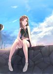  :o ankle_socks bare_legs bare_tree belt blue_sky brown_eyes brown_hair camisole cloud condensation_trail crop_top day feet foot_dangle full_body hair_ornament hairclip higashi_no_eden highres katsuhara_mikuru legs long_hair looking_away looking_to_the_side midriff navel on_wall outdoors road_sign shoes_removed shorts sign sitting sky socks solo stone_wall tree wall yuki_usagi_(mofurafu) 