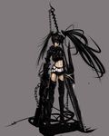  armor bad_id bad_pixiv_id belt black_hair black_rock_shooter boots chain greaves gun highres insane_black_rock_shooter long_hair loose_belt midriff navel purple_eyes scar scythe shin'ya_(330696) shorts simple_background solo stitches thigh_boots thighhighs twintails weapon 