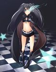  belt bikini_top black_hair black_rock_shooter black_rock_shooter_(character) blue_eyes boots burning_eye checkered checkered_floor flat_chest highres long_hair m.h midriff navel perspective scar shorts solo star twintails very_long_hair 