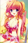  absurdres arm_support bikini bikini_top blue_eyes blush breasts cleavage copyright_request frilled_bikini frills front-tie_top highres large_breasts long_hair navel open_mouth orange_hair pink_sarong print_sarong sakura_koharu sarong scan smile solo swimsuit twintails 