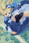  :o alice_(wonderland) alice_in_wonderland apron blonde_hair dress falling frills green_eyes hairband hat highres long_hair open_mouth ribbon skirt solo ueda_ryou 