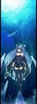  absurdres aqua_hair ayaki bad_id bad_pixiv_id bare_shoulders blue_hair boots brown_eyes collarbone copyright_name detached_sleeves gigandal_federation highres japanese_clothes knife legs long_hair pixiv_fantasia pixiv_fantasia_3 solo thighhighs underwater very_long_hair zettai_ryouiki 