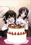  absurdres ahoge black_eyes black_hair black_legwear brown_hair cake chibi food fruit gotou_junji highres itou_makoto katsura_kotonoha kiwifruit knife long_hair multiple_girls nice_boat non-web_source official_art pastry saionji_sekai sawanaga_taisuke school_days school_uniform short_hair skirt strawberry thighhighs very_long_hair zettai_ryouiki 