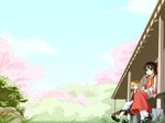  black_hair blonde_hair bow braid cherry_blossoms day detached_sleeves grass hakurei_reimu highres kirisame_marisa multiple_girls no_hat no_headwear outdoors short_hair shouji_ayumu sitting sky smile touhou veranda 