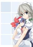  blue_eyes blue_hair braid carrying hat highres holding hug izayoi_sakuya maid multiple_girls red_eyes remilia_scarlet short_hair shouji_ayumu silver_hair touhou twin_braids 