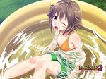  ;d blush_stickers bra enomoto_aya highres lingerie one_eye_closed open_mouth smile solo sparkle underwear wading_pool wallpaper wet wet_clothes wrestle_angels yasuyuki 
