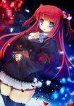  aqua_eyes blue_eyes blush hair_bobbles hair_ornament highres long_hair makaroni multicolored multicolored_eyes petals red_hair solo tears thighhighs two_side_up umineko_no_naku_koro_ni ushiromiya_ange zettai_ryouiki 