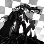  armor belt black_hair black_rock_shooter boots chain checkered cross gauntlets greaves highres huge_weapon insane_black_rock_shooter long_hair maaron midriff pale_skin purple_eyes scar shorts solo stitches thigh_boots thighhighs twintails weapon 