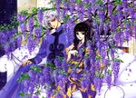  1girl alternate_hairstyle black_hair clamp facial_mark flower hand_on_own_knee highres japanese_clothes kimono kishuu_arashi long_hair nataku_(clamp) obi official_art ponytail purple sash sitting white_hair wisteria x_(manga) 