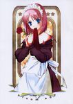  absurdres apron blue_eyes cover doujinshi flower highres hisui maid maid_headdress mouth_hold naruse_hirofumi red_hair rose scan scan_artifacts solo tsukihime 