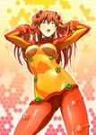  adjusting_hair blue_eyes blush bodysuit breasts from_below hair_tousle long_hair medium_breasts multicolored multicolored_bodysuit multicolored_clothes navel neon_genesis_evangelion open_mouth orange_bodysuit orange_hair plugsuit rebuild_of_evangelion red_bodysuit shikinami_asuka_langley solo souryuu_asuka_langley test_plugsuit tsukumo 