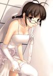  adjusting_clothes adjusting_legwear akizuki_ritsuko antenna_hair braid breasts bride brown_eyes brown_hair choker cleavage dress elbow_gloves glasses glove_in_mouth gloves highres idolmaster idolmaster_(classic) large_breasts mouth_hold single_elbow_glove single_glove solo tanaka_shoutarou thighhighs twin_braids undressing wedding_dress white_legwear 