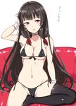  bikini black_hair breasts gloves hair_ribbon isokaze_(kantai_collection) kantai_collection long_hair looking_at_viewer md5_mismatch medium_breasts navel red_eyes ribbon single_thighhigh solo swimsuit takaharu thighhighs translation_request 