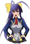  angry antenna_hair blazblue blazblue_remix_heart blue_hair bow breasts drawfag frown genderswap genderswap_(mtf) hair_bow hands_on_hips large_breasts long_hair looking_at_viewer mai_natsume open_mouth ponytail purple_eyes ribbon school_uniform skirt solo transparent_background upper_body very_long_hair yellow_bow 