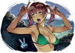  ahegao beach bikini commentary day double_v eyewear_on_head glasses green_eyes implied_sex original pink_hair rolling_eyes short_hair solo swimsuit tongue tongue_out twinpoo twintails v 