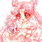  :d bare_shoulders bishoujo_senshi_sailor_moon cat chibi_usa crescent diana_(sailor_moon) double_bun dress facial_mark forehead_mark hair_ornament hairpin long_hair lowres older open_mouth pink_dress pink_hair red_eyes shirataki_kaiseki signature small_lady_serenity smile strapless strapless_dress twintails upper_body white_background 