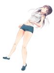  ayamoto black_hair breasts brown_eyes denim denim_shorts full_body highres loafers long_hair looking_at_viewer medium_breasts midriff navel open_mouth original shoes shorts sleeveless solo tank_top 